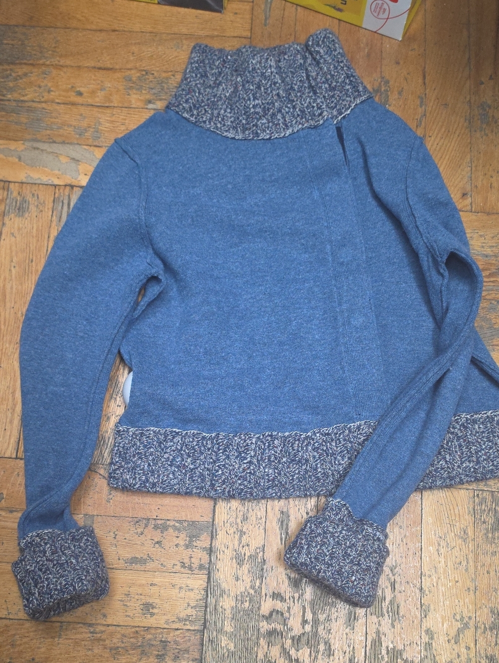 Blue Knit Turtleneck Sweater with Contrast Trim